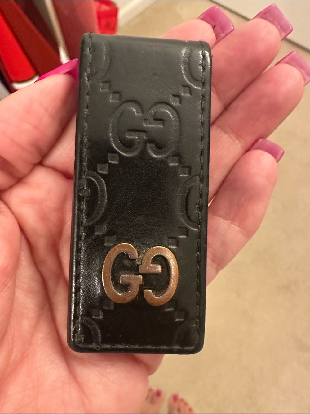 Gucci Black Embossed Leather Money Clip with Gold Double G